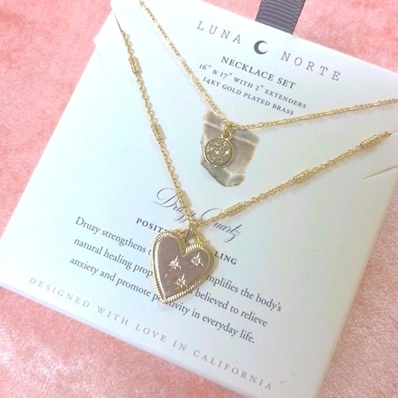 Brand New Luna Norte 14K Gold Plated Brass Druzy Quartz Two Piece Necklace Set - Picture 14 of 14